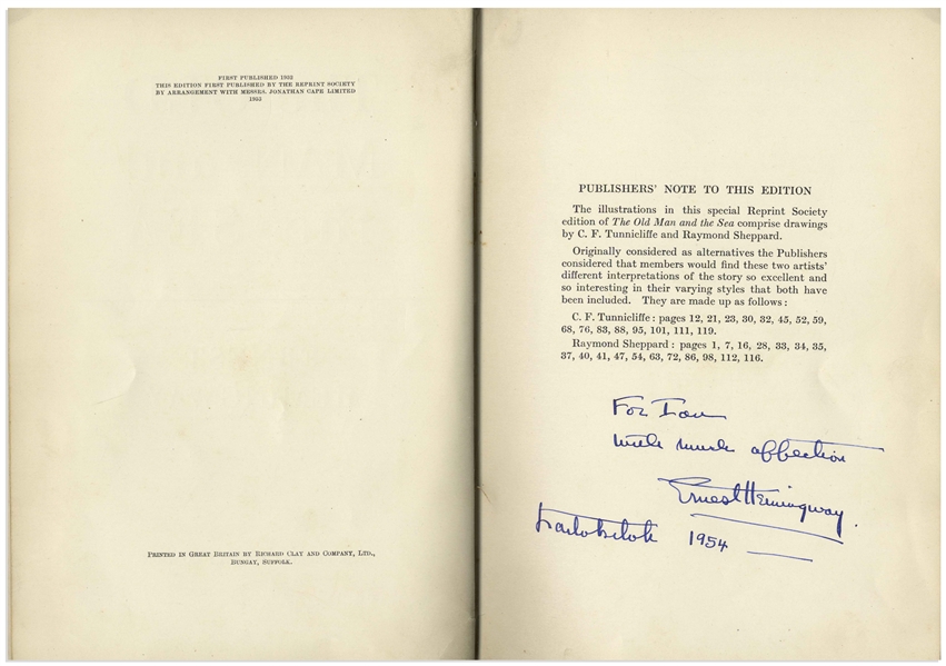 Ernest Hemingway Signed Presentation Copy of ''Old Man and the Sea'' -- Signed in 1954, the Year He Won the Nobel Prize in Literature